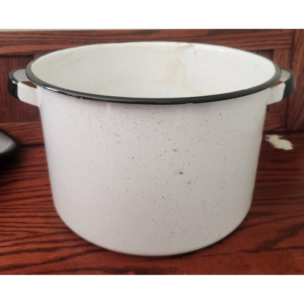 Vintage White And Black Enamelware Pot With Handles 1 Ft Diameter County Cottage